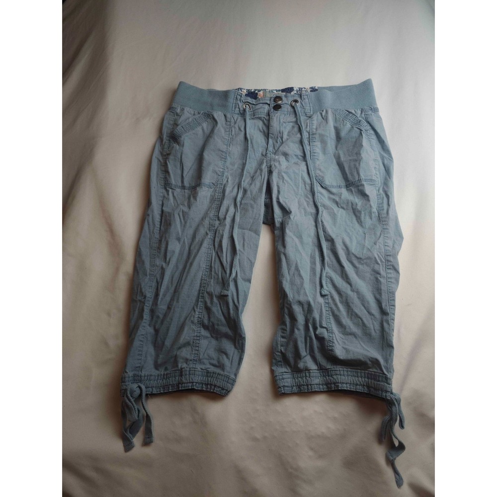 One 5 One Utility Pants Women Large Light Blue Woven Cargo Capri Drawstring